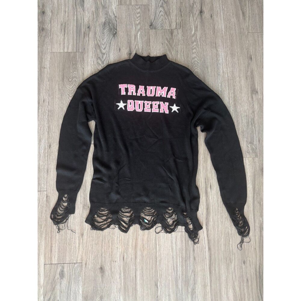 DollsKill Black/Pink "Trauma Queen" XS Distressed Knit Oversized Sweater NWOT